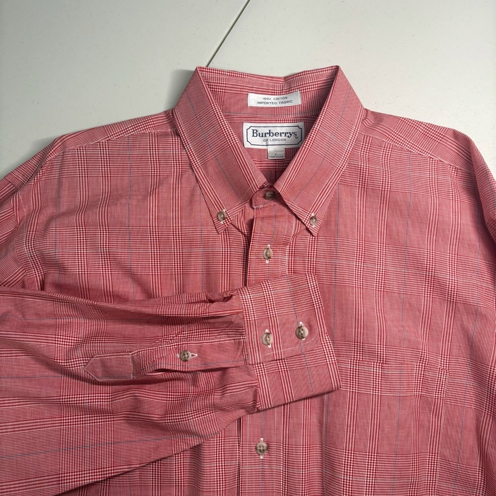 Vtg Burberrys Button Down Mens L Long Sleeve Red Plaid Cotton Preppy USA Made